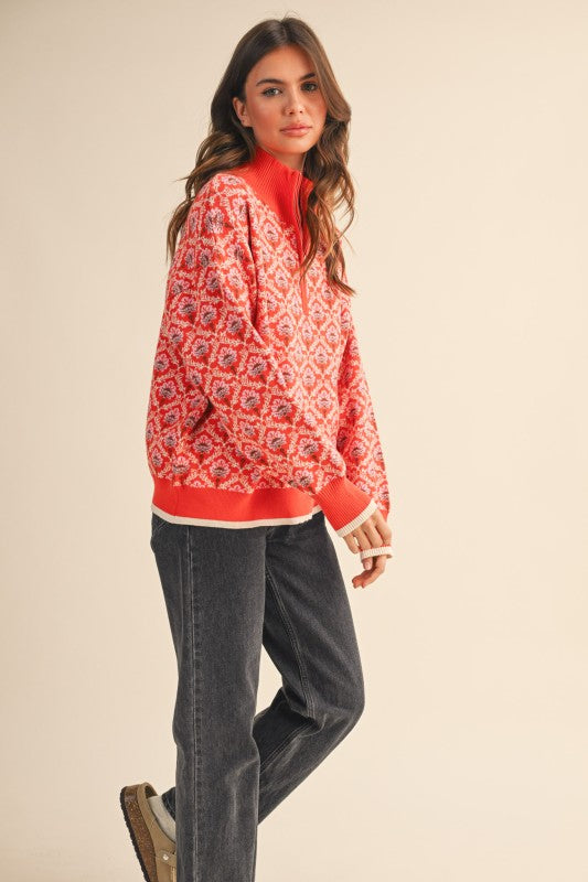 Red Orange Multi Floral Half Zip Mock Neck Pullover Sweater