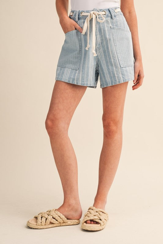 Mixed Stripe Light Denim Drawstring Shorts: SHIPS OF PICKUP 5/28/26