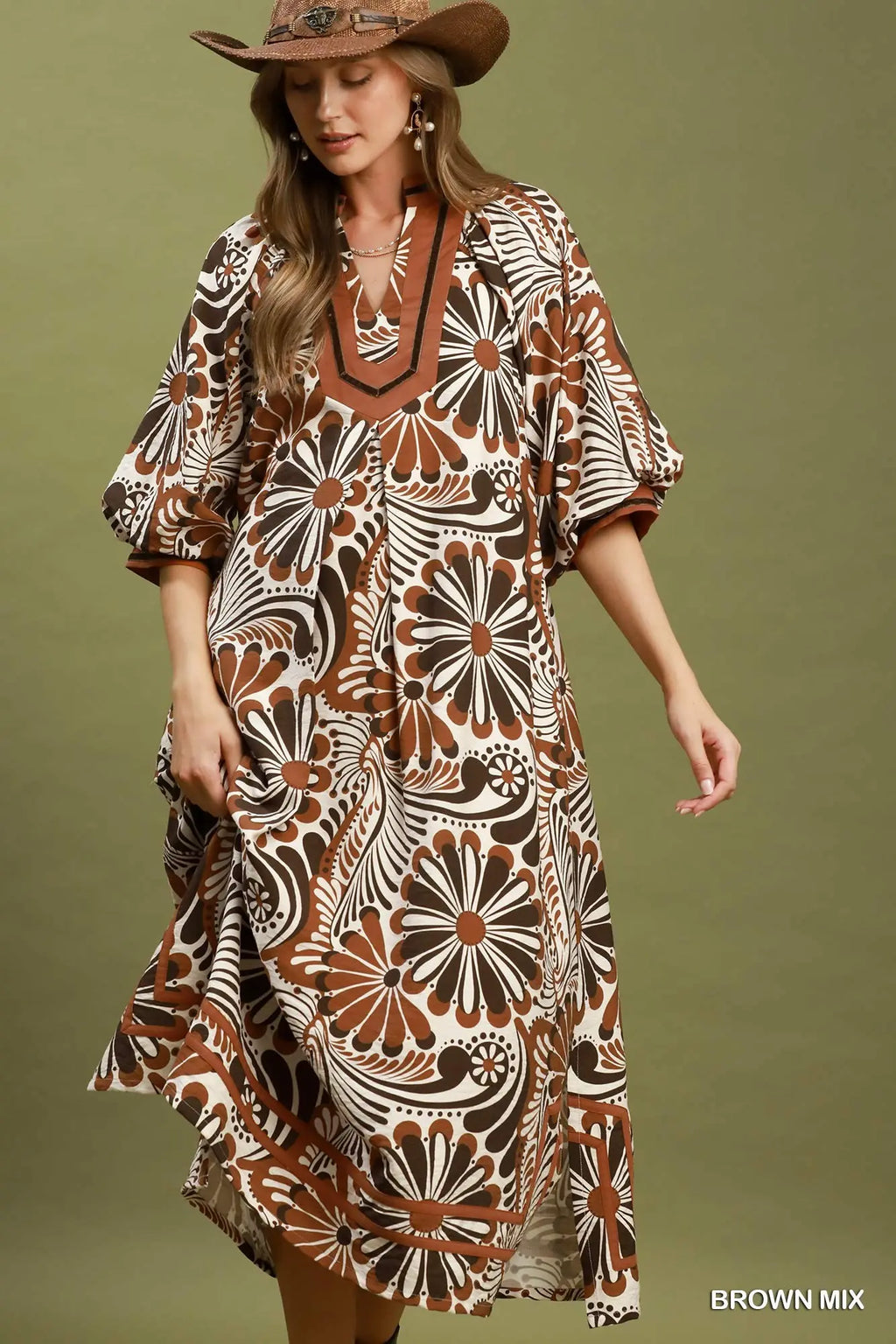 Brown Mix Abstract Midi Dress
