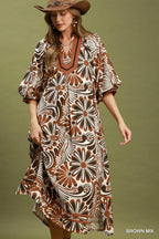 Brown Mix Abstract Midi Dress