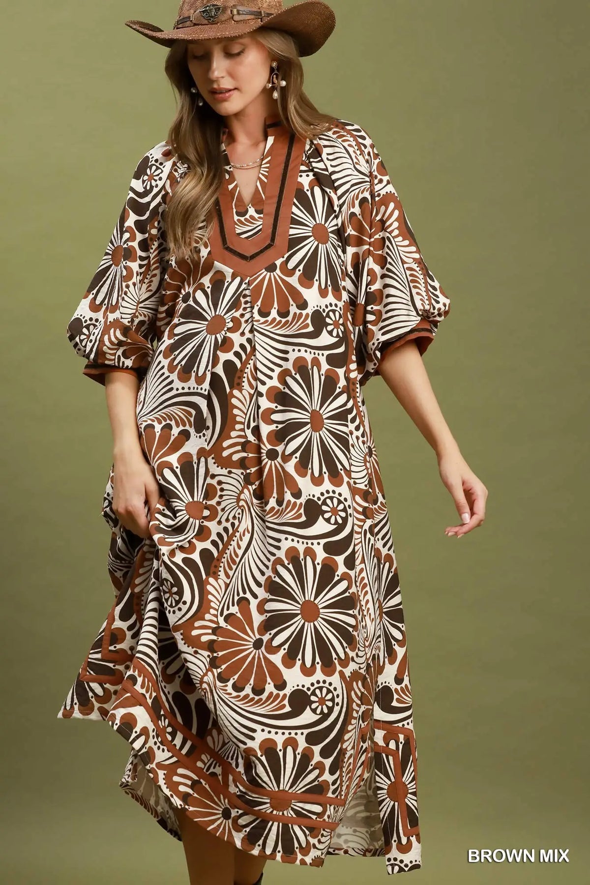 Brown Mix Abstract Midi Dress