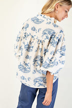 Blue Button Down 3/4 Balloon Sleeve Top