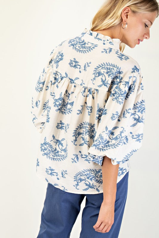 Blue Button Down 3/4 Balloon Sleeve Top