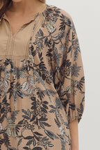 Taupe Botanical Print Contrast Dress SHIPS OR PICKUP 10/10/25