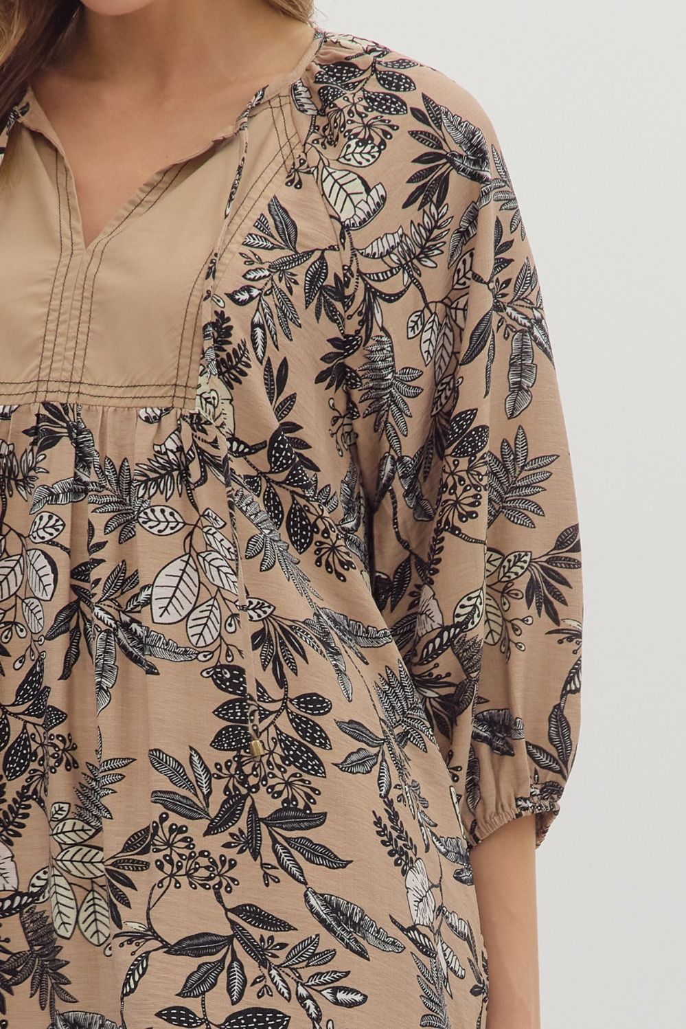 Taupe Botanical Print Contrast Dress SHIPS OR PICKUP 10/10/25