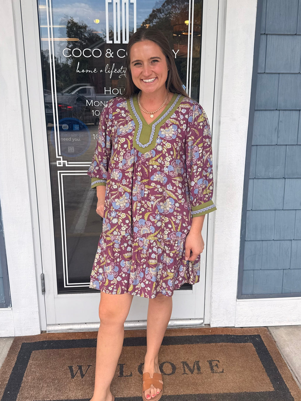 Plum Floral Print Contrast Trim Tiered Boho Dress