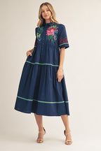 Navy Embroidered Button Down Midi Dress
