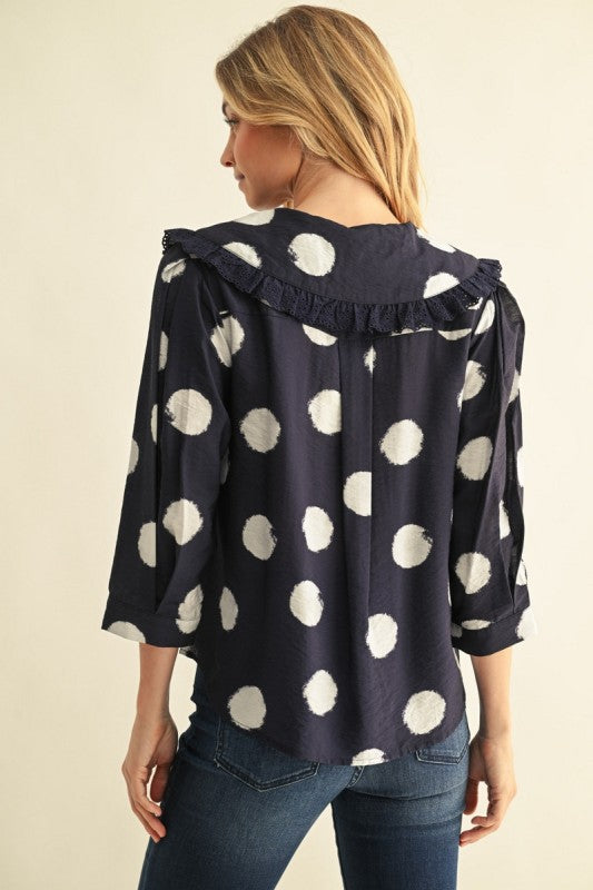 PREORDER: Navy Collared Polka Dot Top
