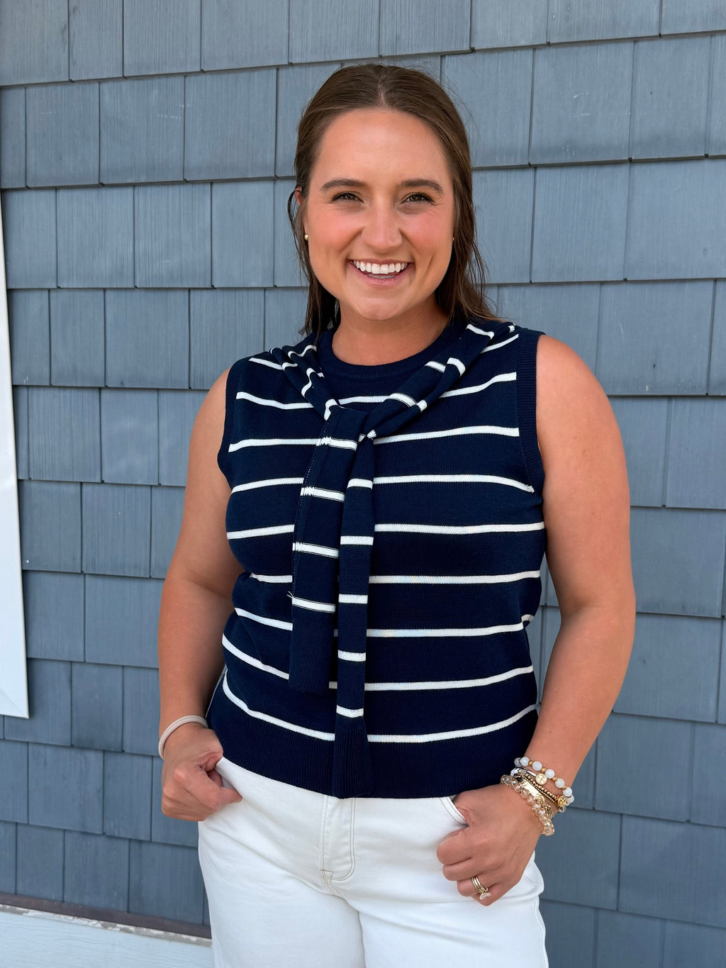 Navy & White Knit Sleeveless Attached Scarf Detail Neckline