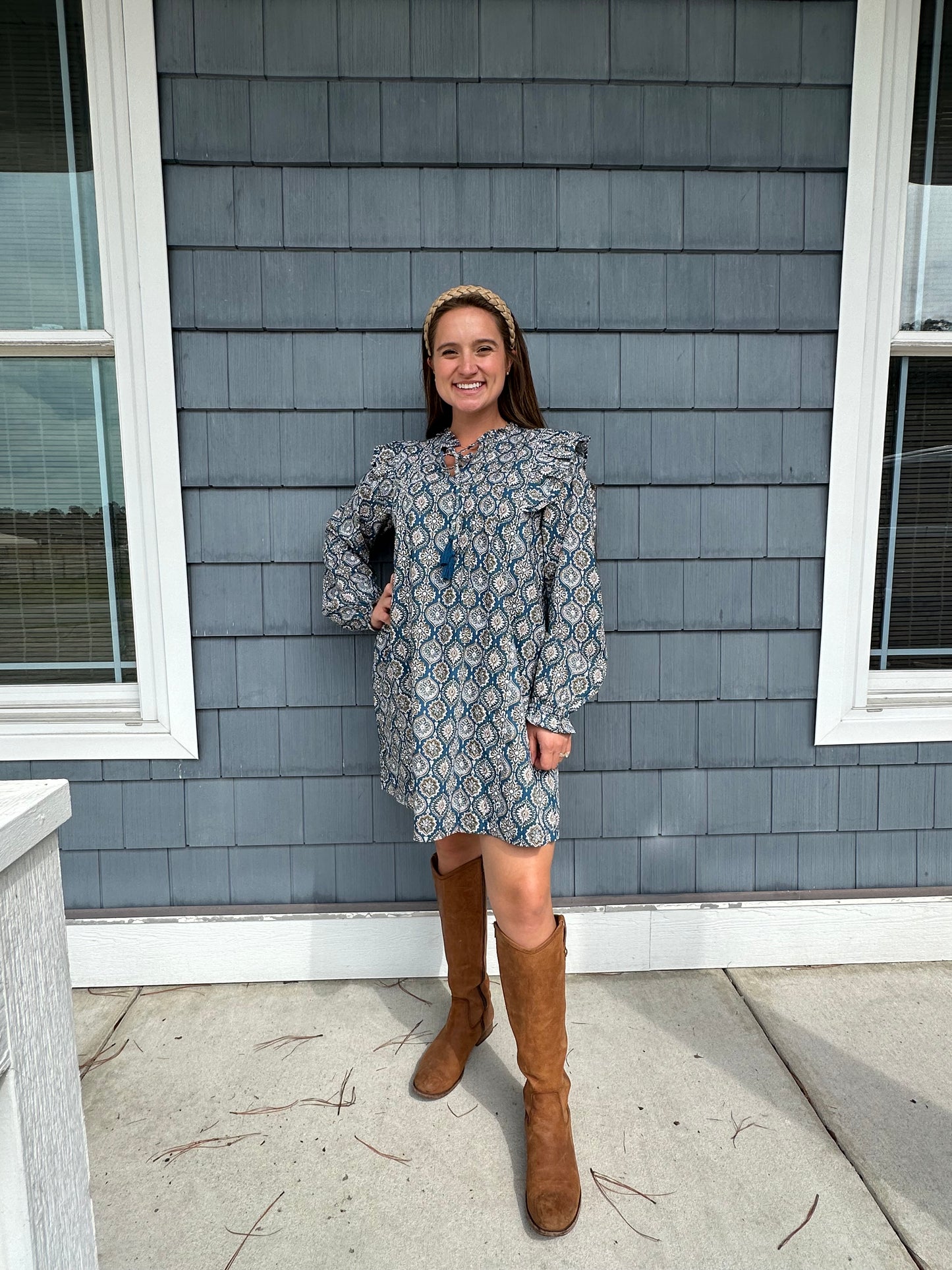 Dusty Blue Ruffle Trim Pattern Dress