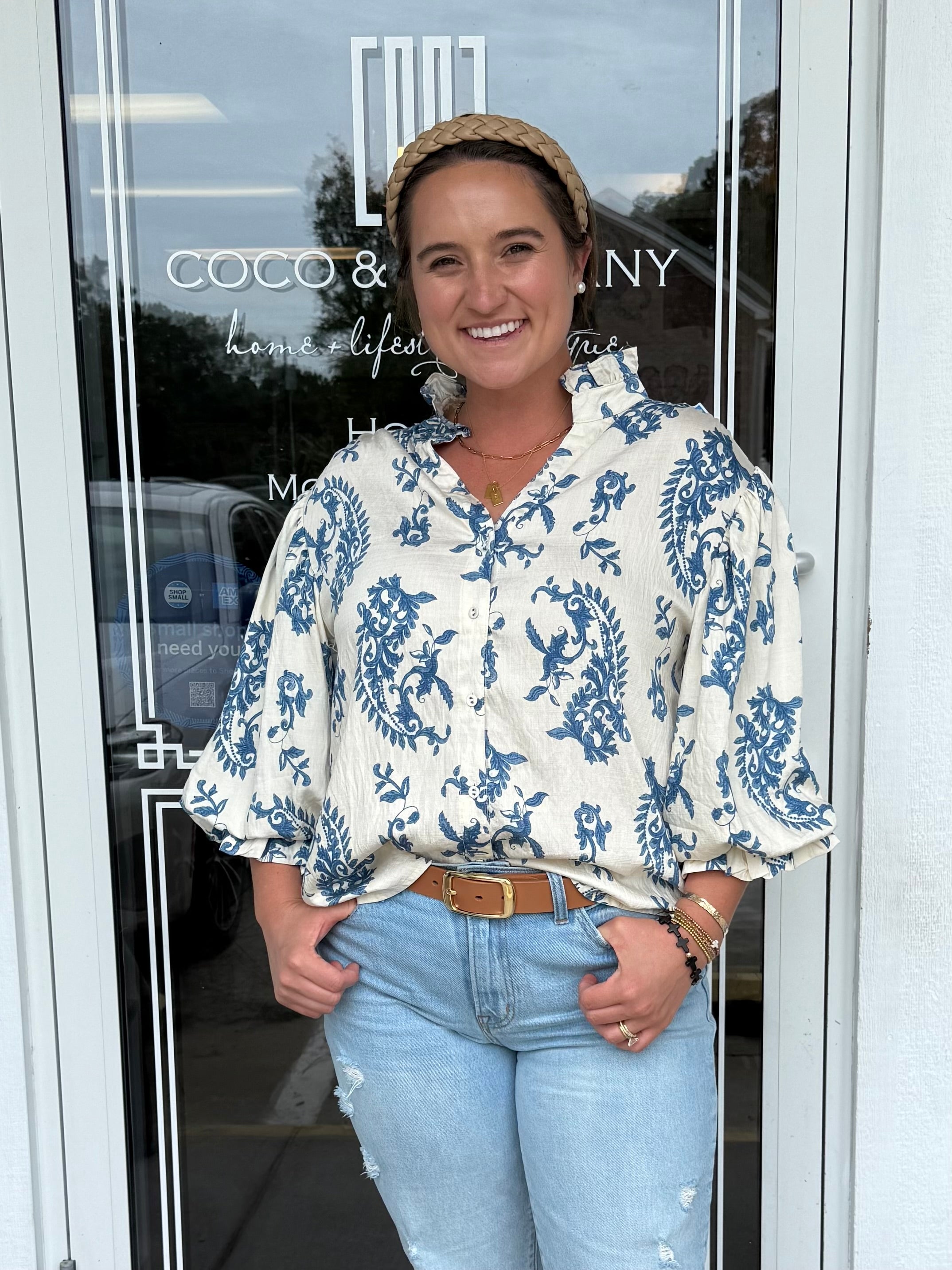Blue Button Down 3/4 Balloon Sleeve Top