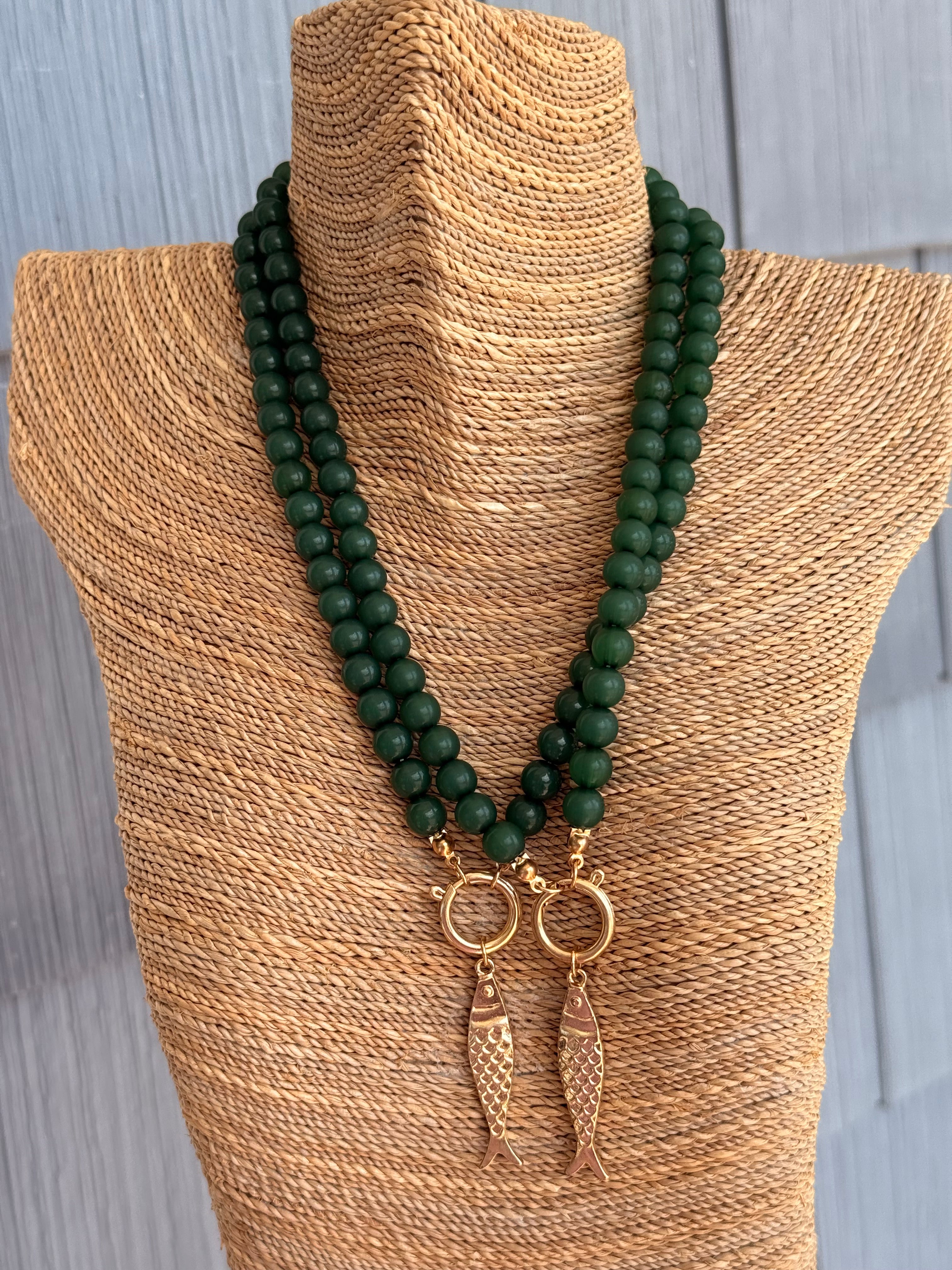 Sardine Charm Green Beaded Necklace