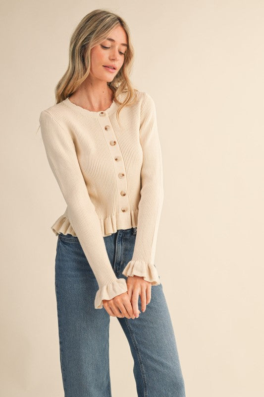 Cream Ruffle Hen Ribbed Knit Sweater Cardigan