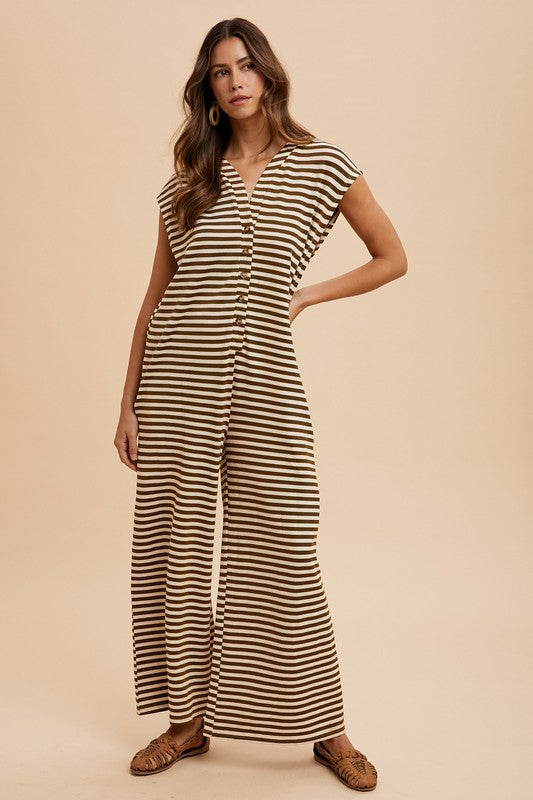 Mocha Stripe Knit Wide Leg Button Down Jumpsuit