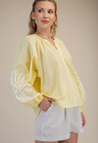 Butter Yellow Soutache Contrast Detail Puff Sleeve Top