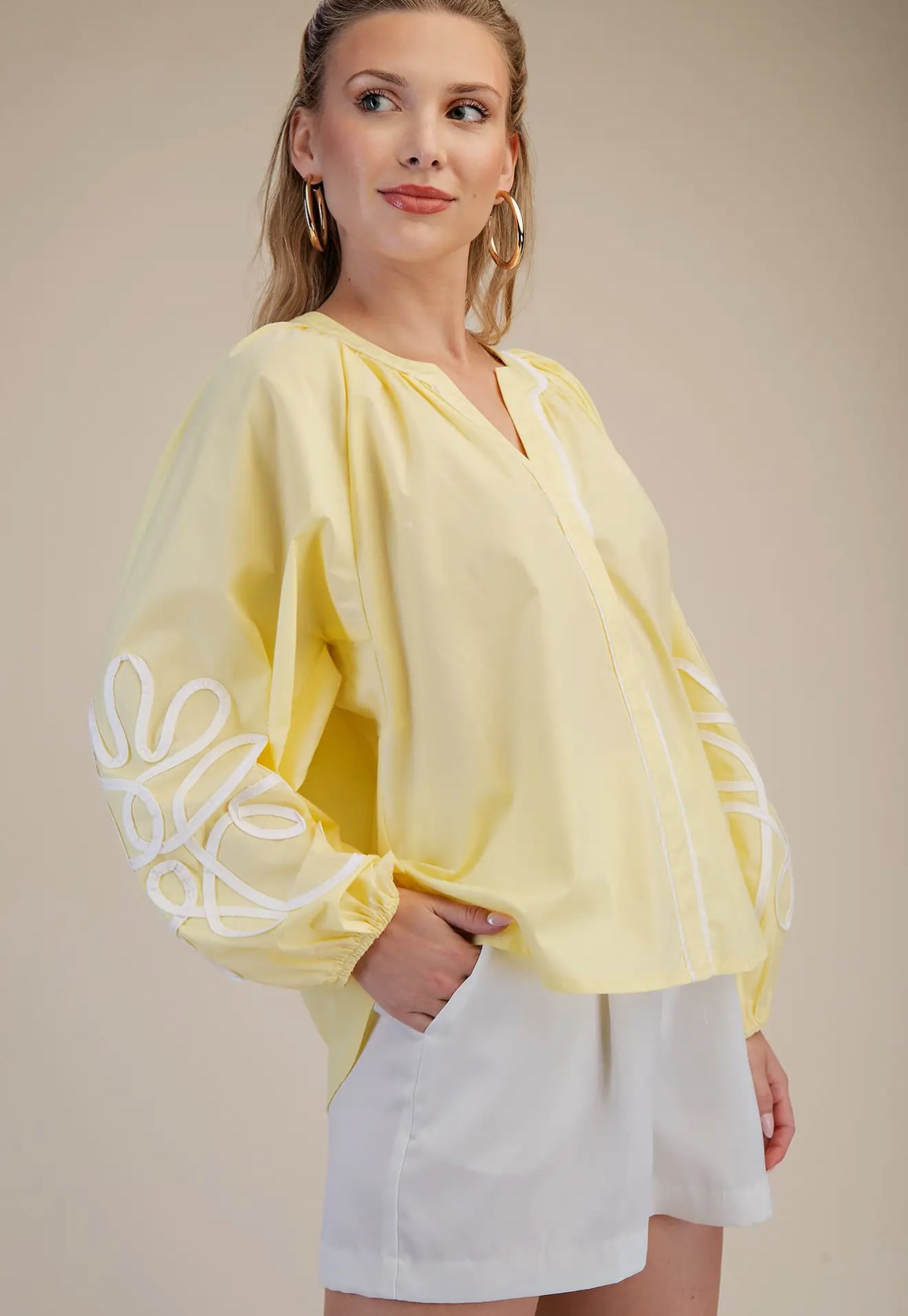 Butter Yellow Soutache Contrast Detail Puff Sleeve Top