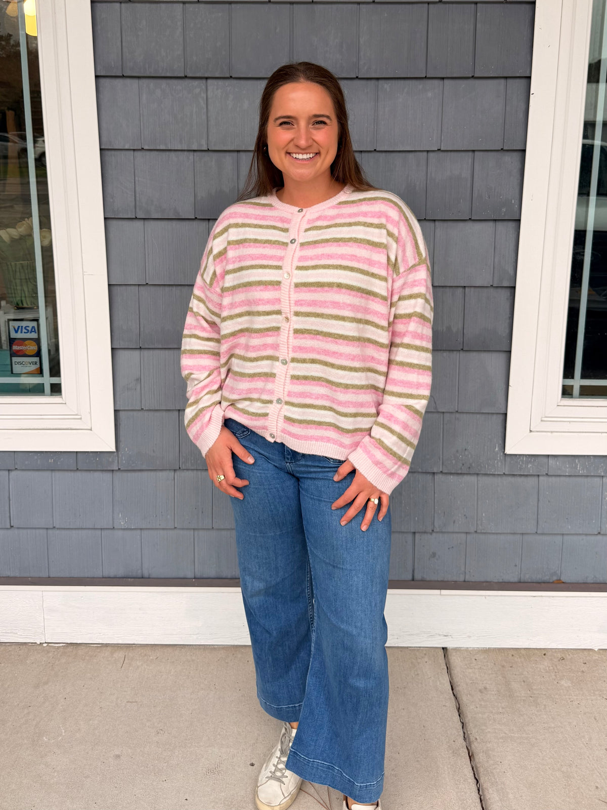Pink & Green Stripe Button Up Sweater