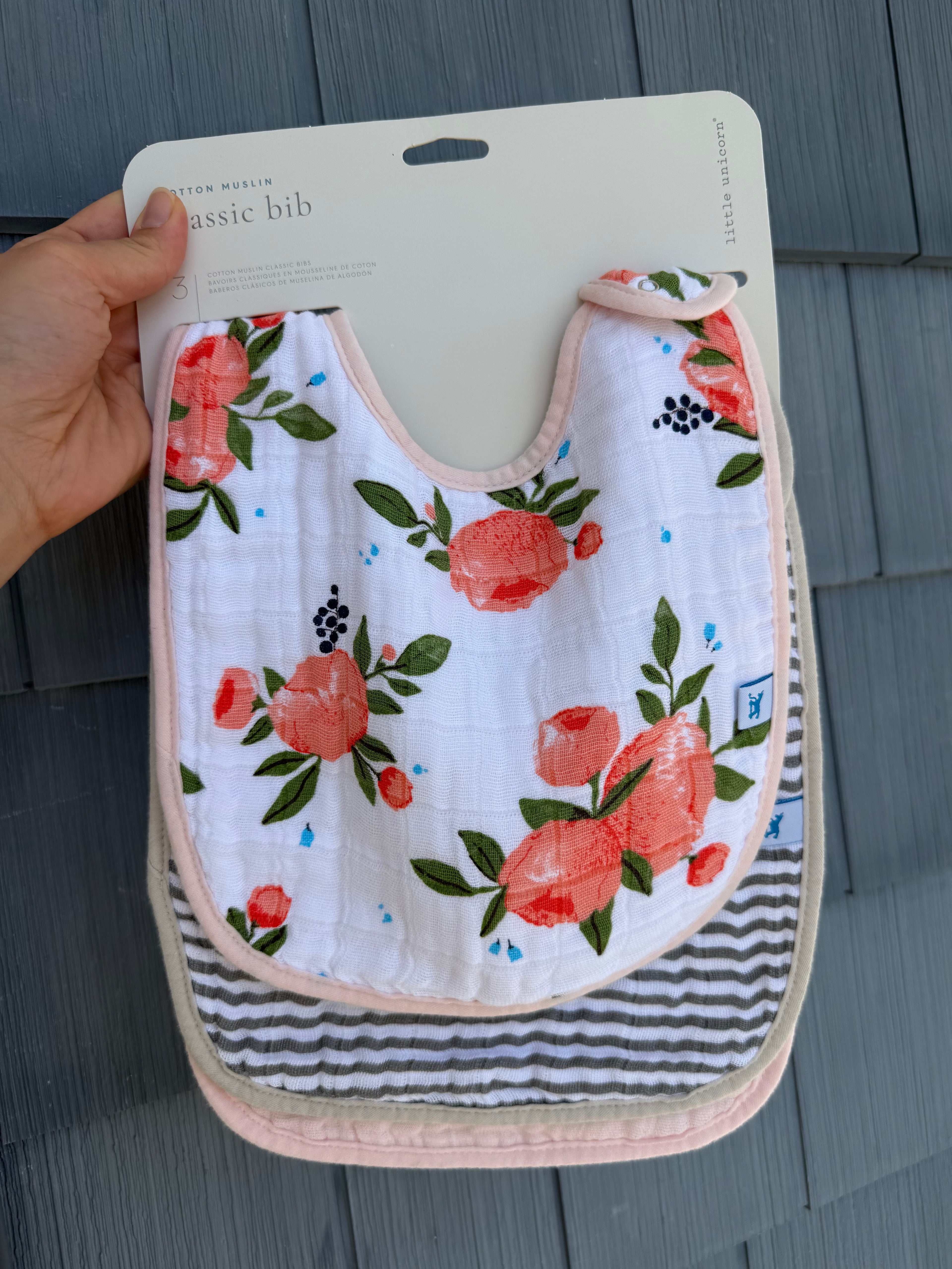 3 Piece Little Unicorn Cotton Muslin Classic Bib Set Peaches, Pink, Stripes