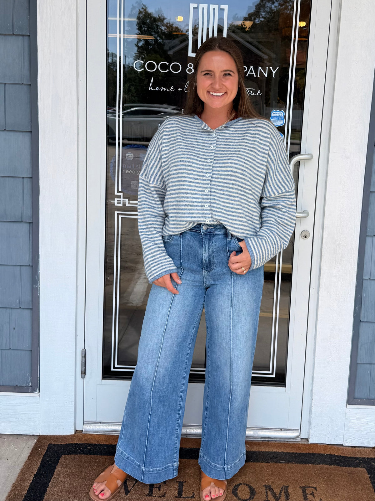 Dusty Blue Raw Edge Stripe Drop Shoulder Knit Cardigan