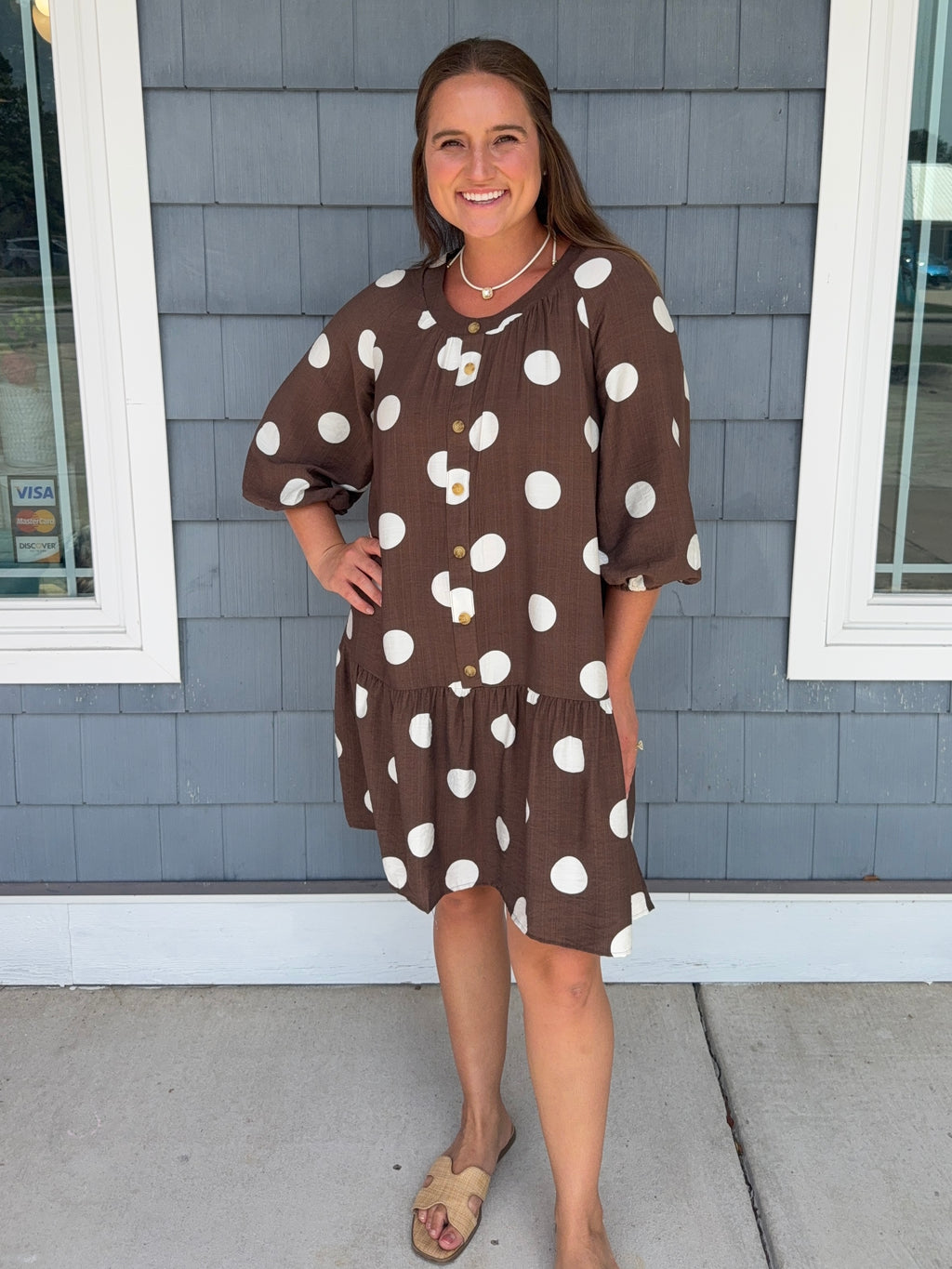 Brown Polka Dot Button Front Dress