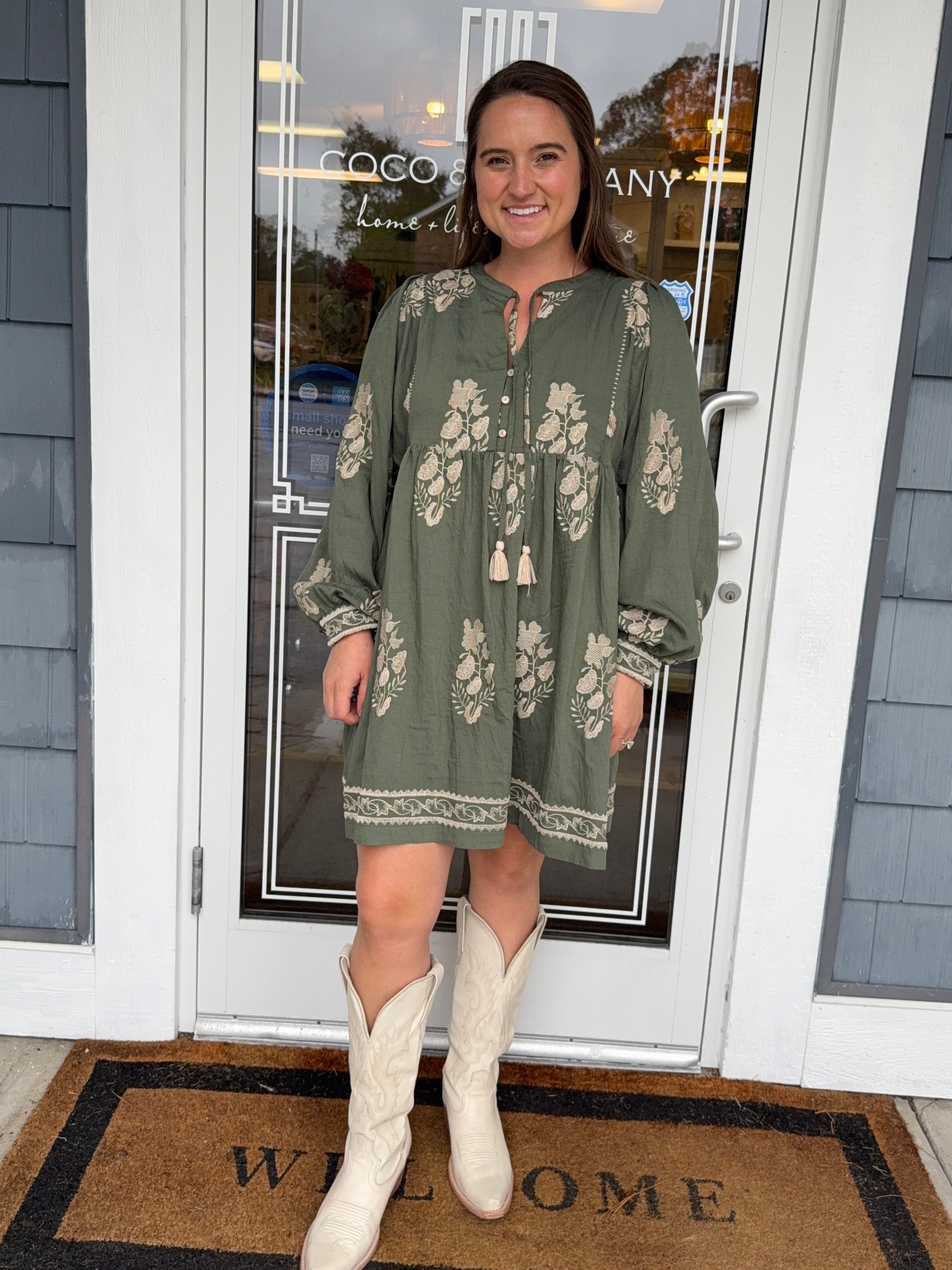 Olive Embroidered Puff Sleeve Dress