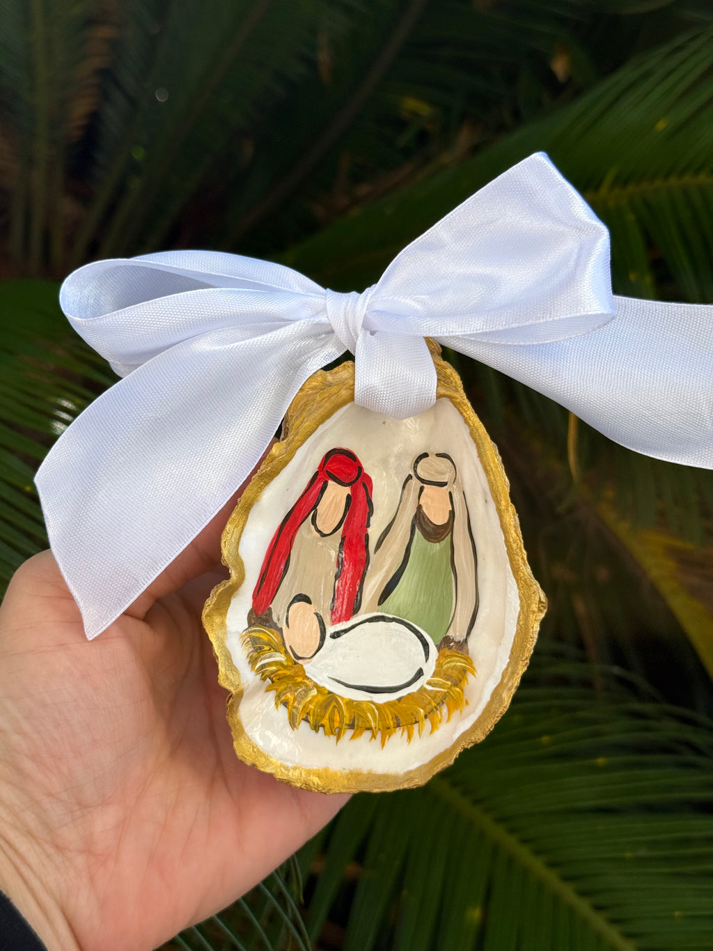 Handmade Red & Green Nativity Oyster Ornament
