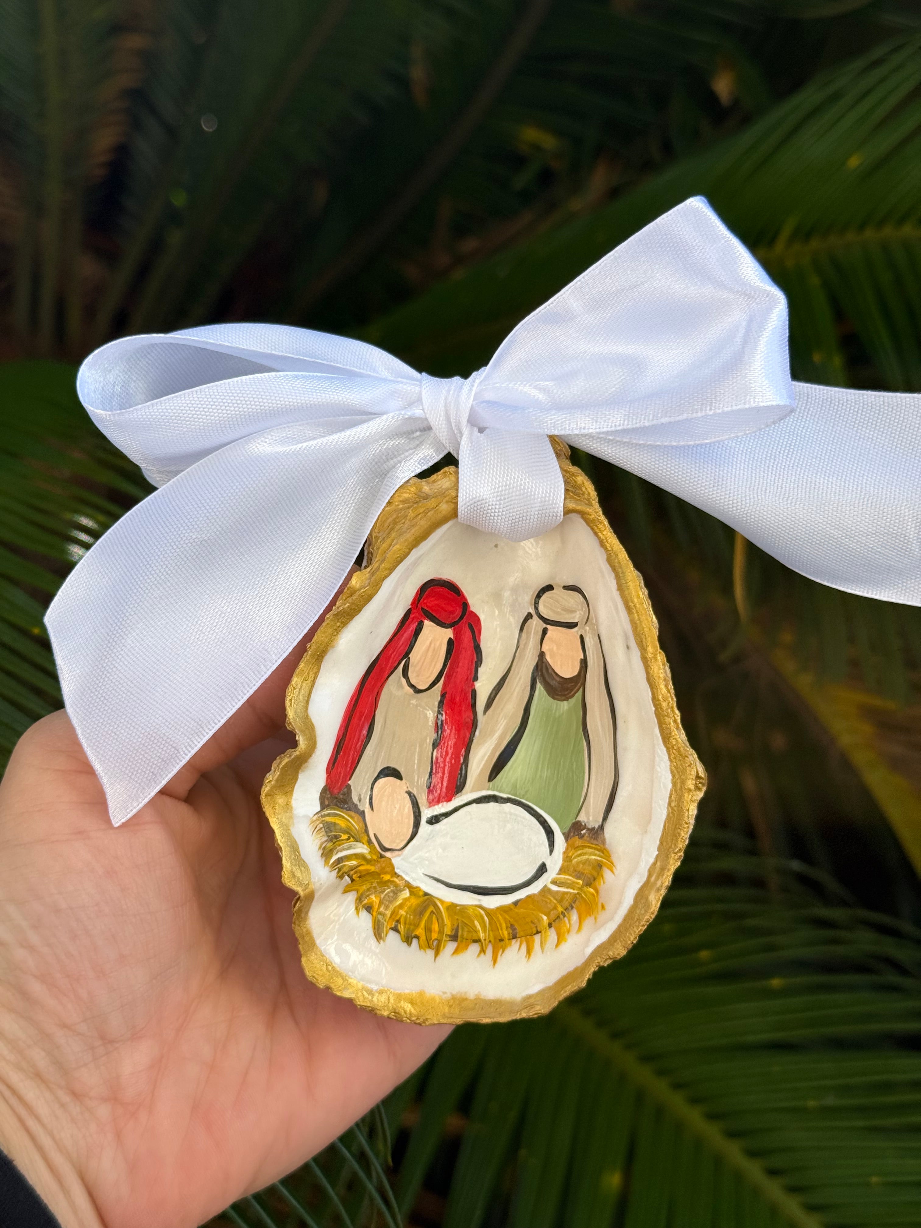 Handmade Red & Green Nativity Oyster Ornament