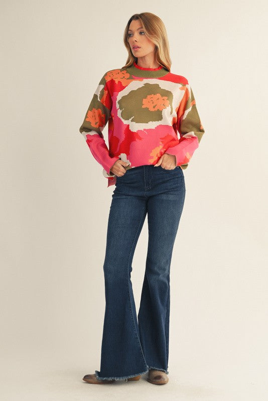 Olive Drop Shoulder Floral Sweater