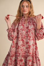 Red Floral Jacquard Smocked Dress