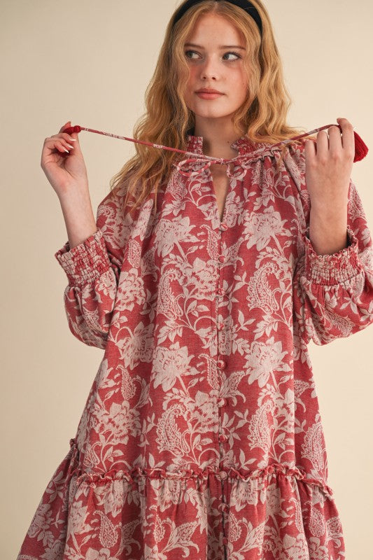 Red Floral Jacquard Smocked Dress
