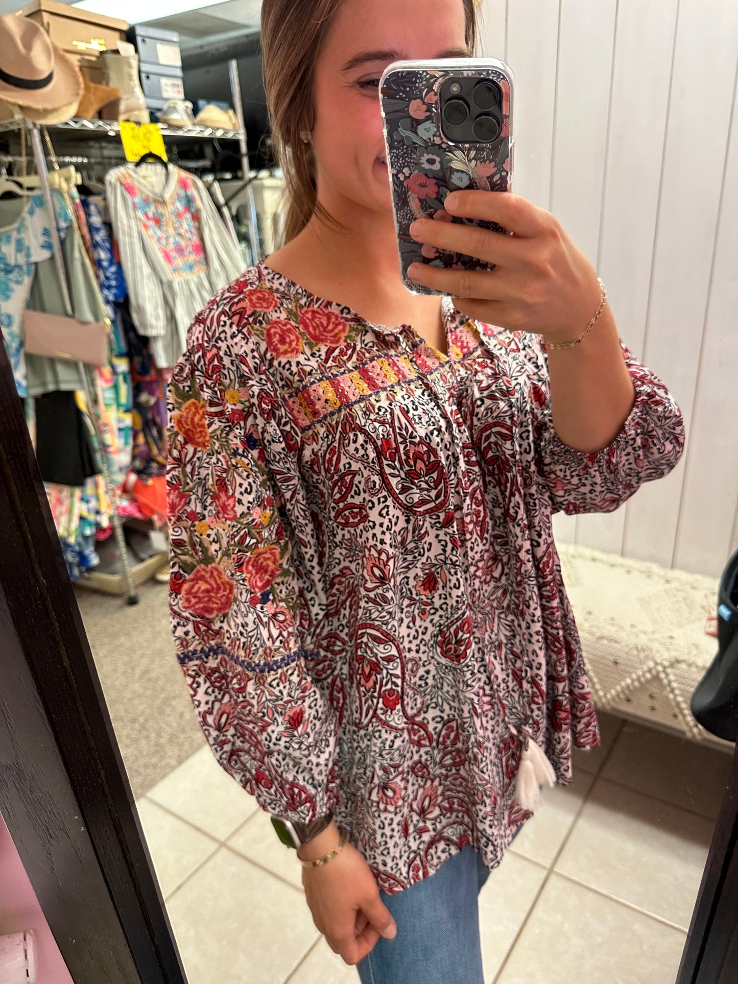 Floral Embroidered Beige Red Print Top