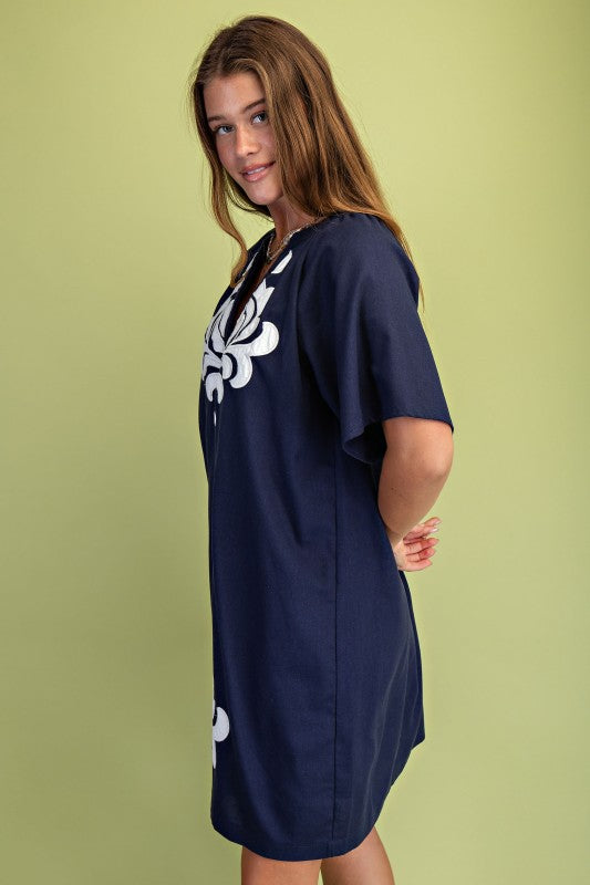 Navy Linen V-Neck Dress