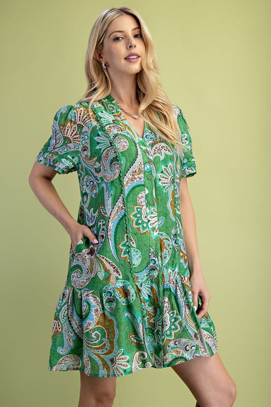 PREORDER: Matcha Mix Paisley Print Button Up Dress