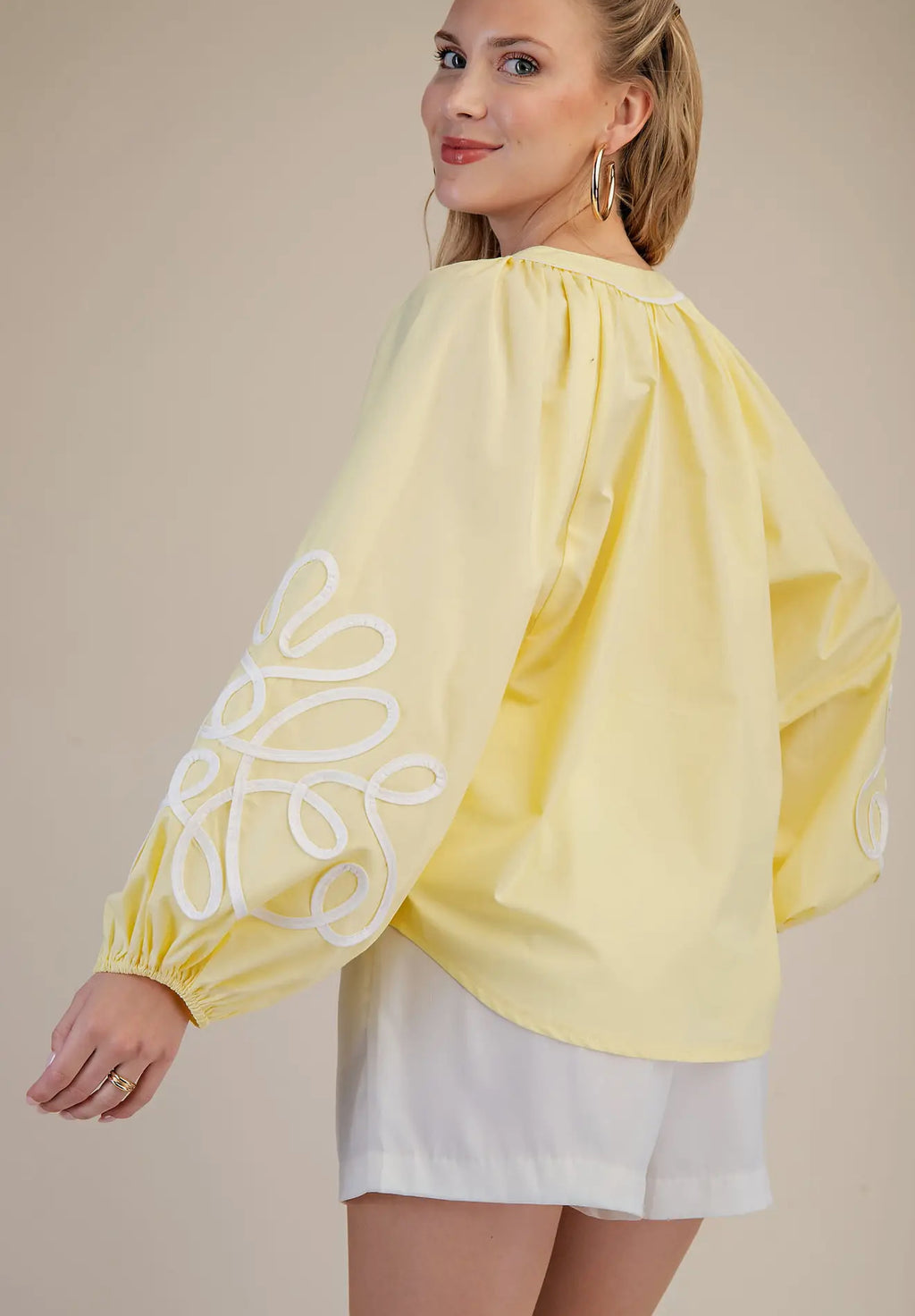 Butter Yellow Soutache Contrast Detail Puff Sleeve Top