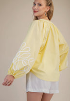 Butter Yellow Soutache Contrast Detail Puff Sleeve Top