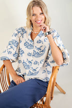 Blue Button Down 3/4 Balloon Sleeve Top