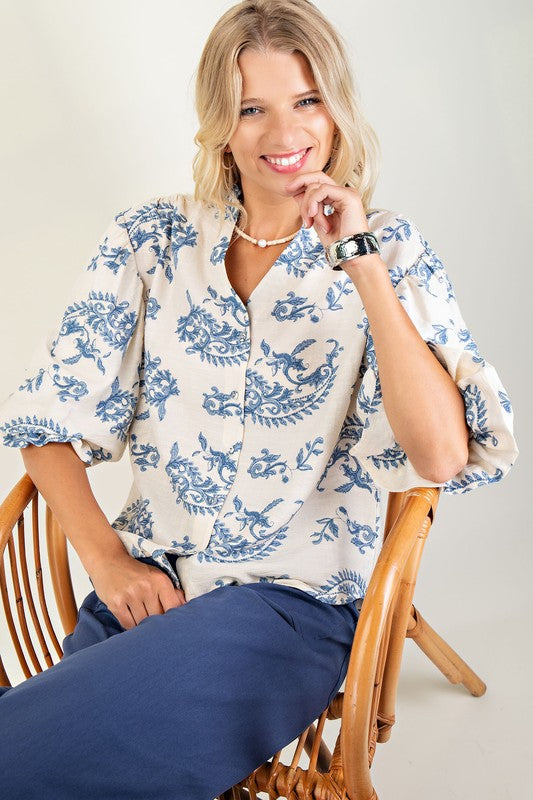 Blue Button Down 3/4 Balloon Sleeve Top