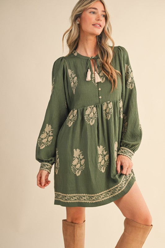 Olive Embroidered Puff Sleeve Dress