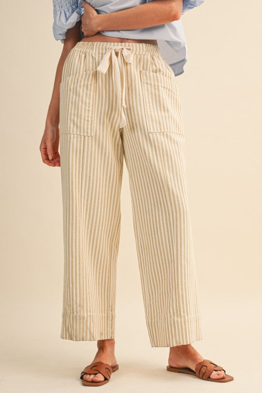 Taupe Natural Stripe Wide Leg Drawstring Pants: Ships or pickup 5/28/26