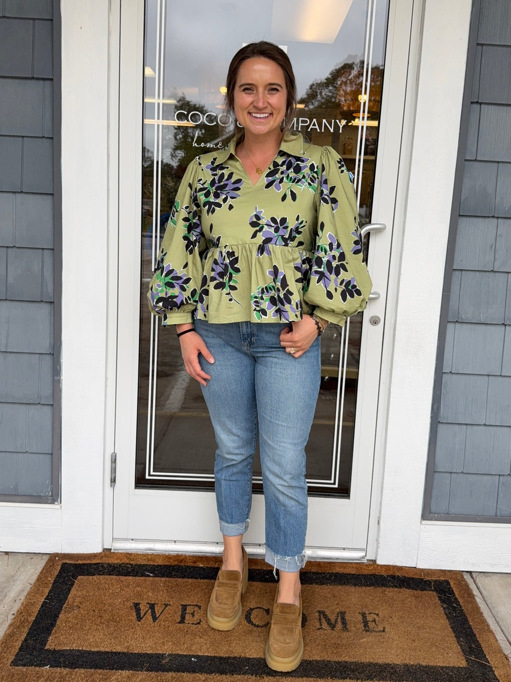 Olive Floral Peplum Top