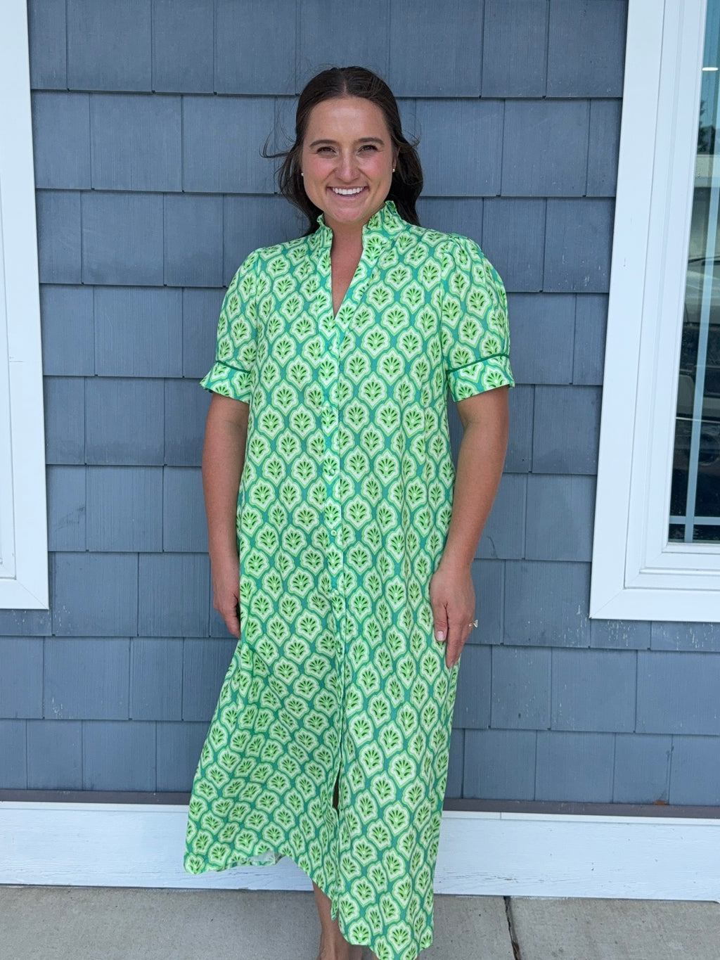 Green Printed Button Down Midi Dress