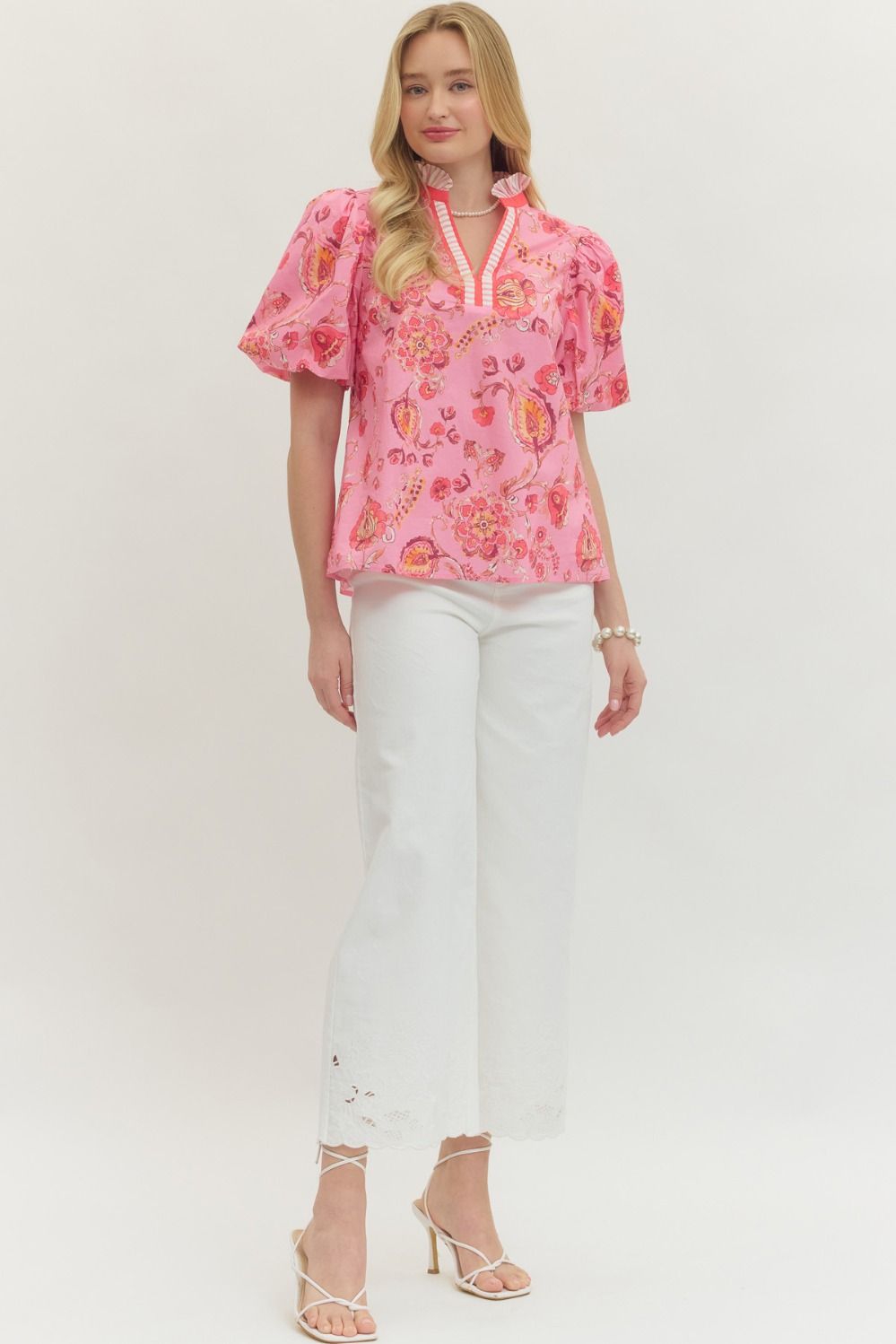 Pink Floral Balloon Sleeve Top