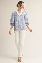 Blue Scallop Trim Geo Print Top