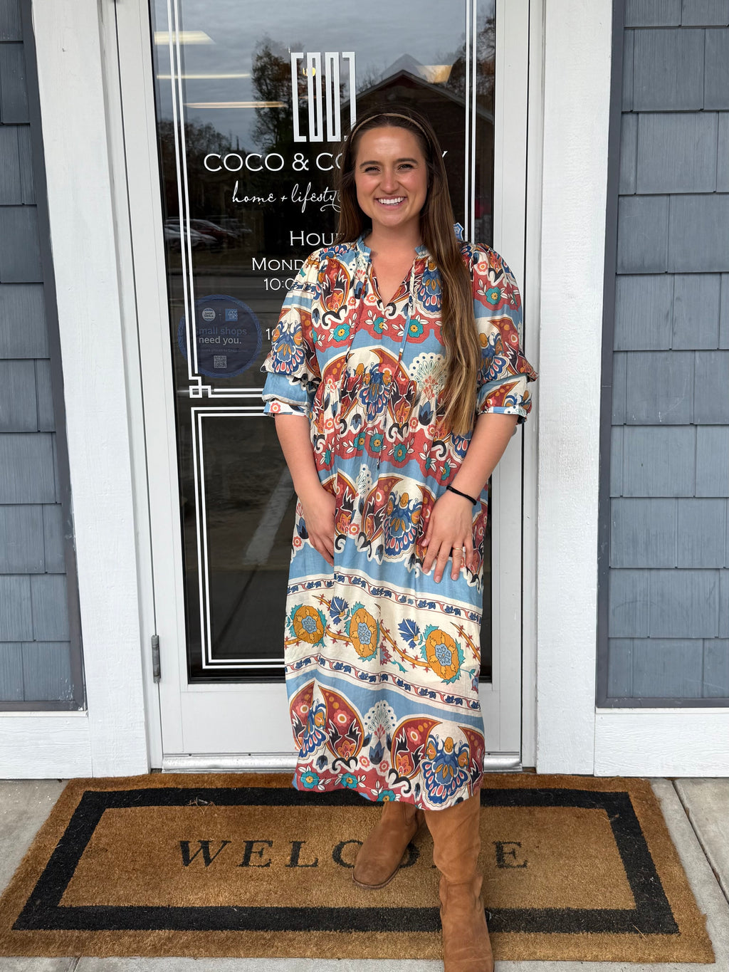 Blue Border Print MIDI Dress