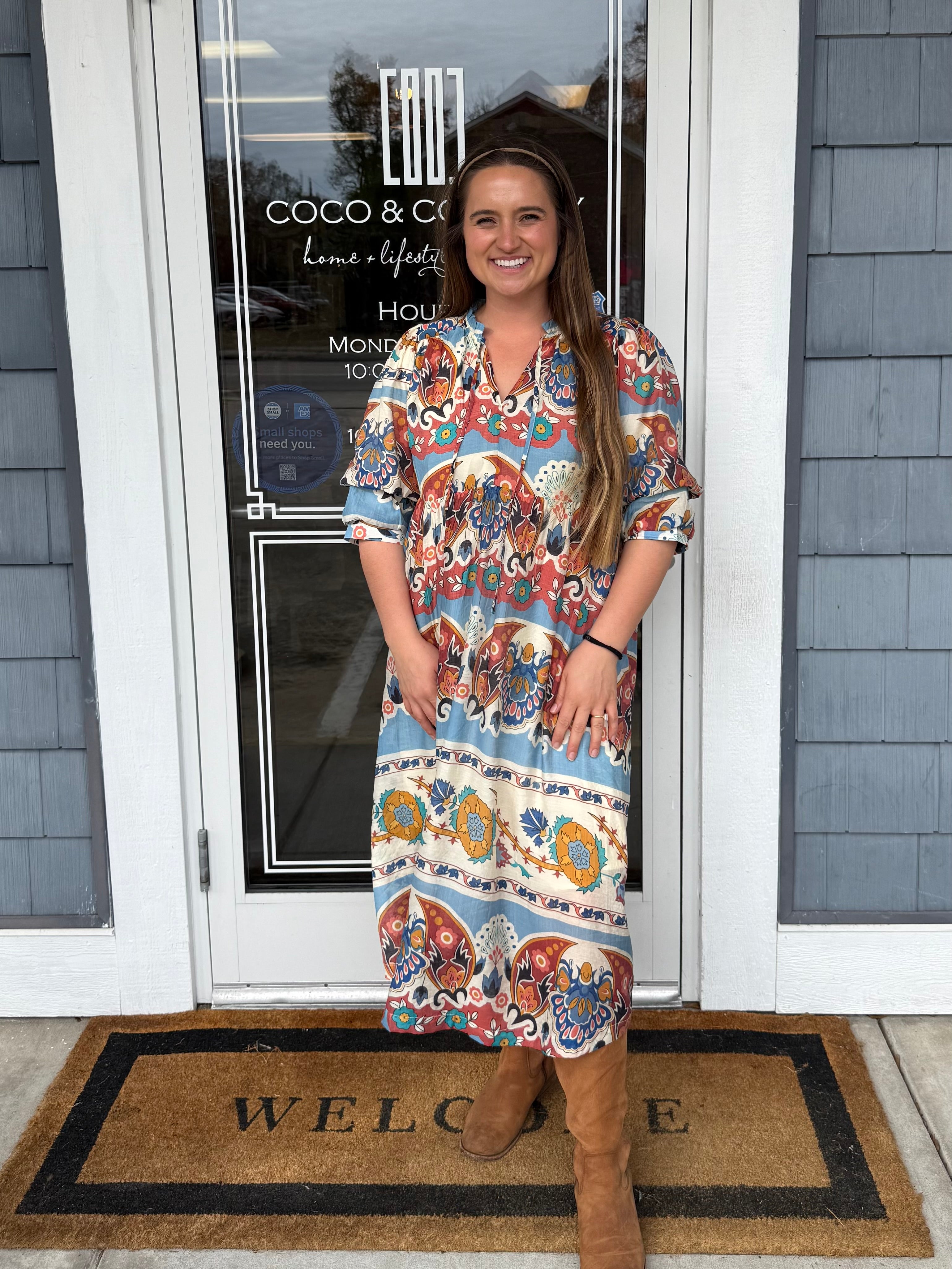 Blue Border Print MIDI Dress