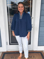 Navy Jacquard Polka Dot Contrast Trim Top
