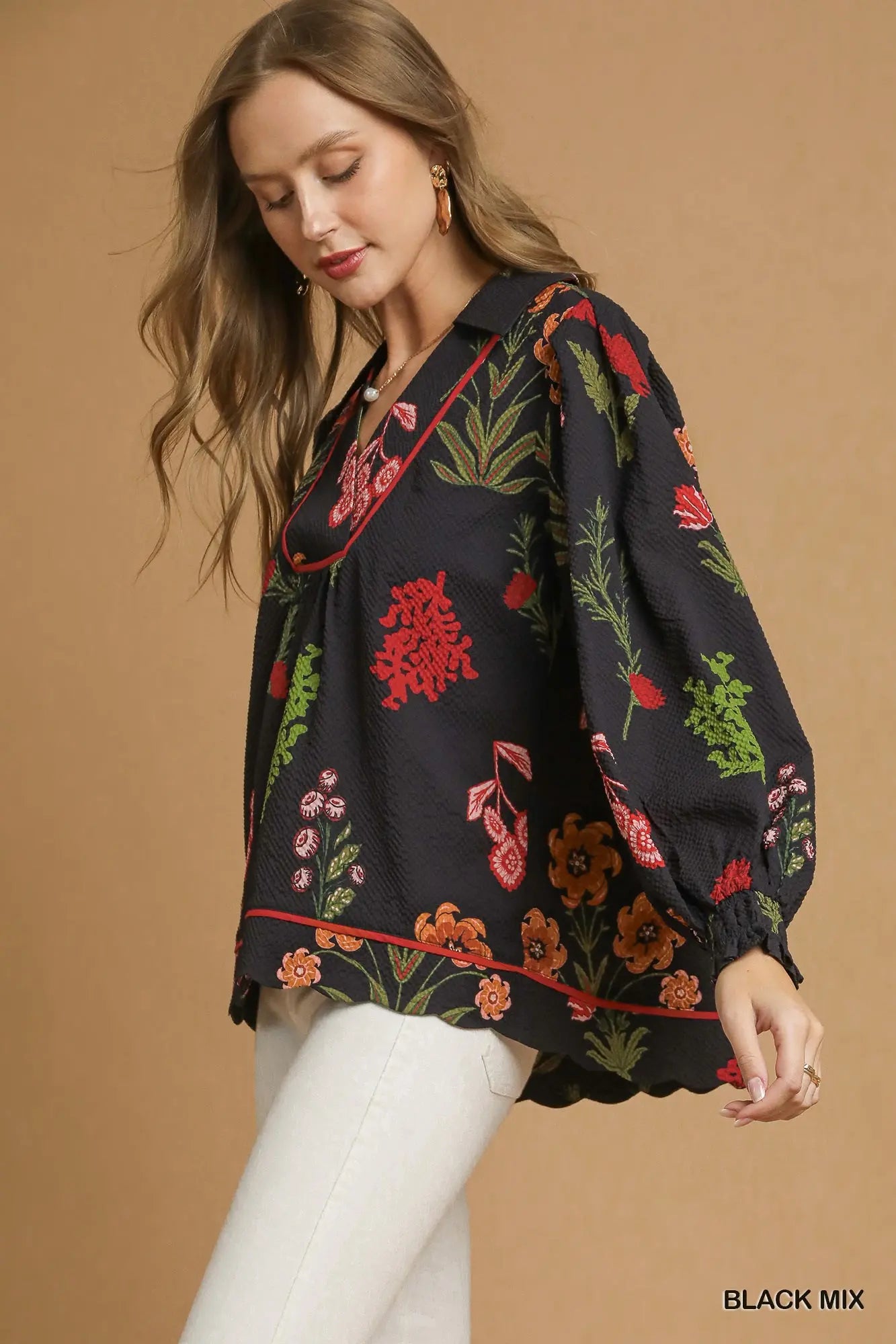 Black Floral Print Textured Fabric Collared Top