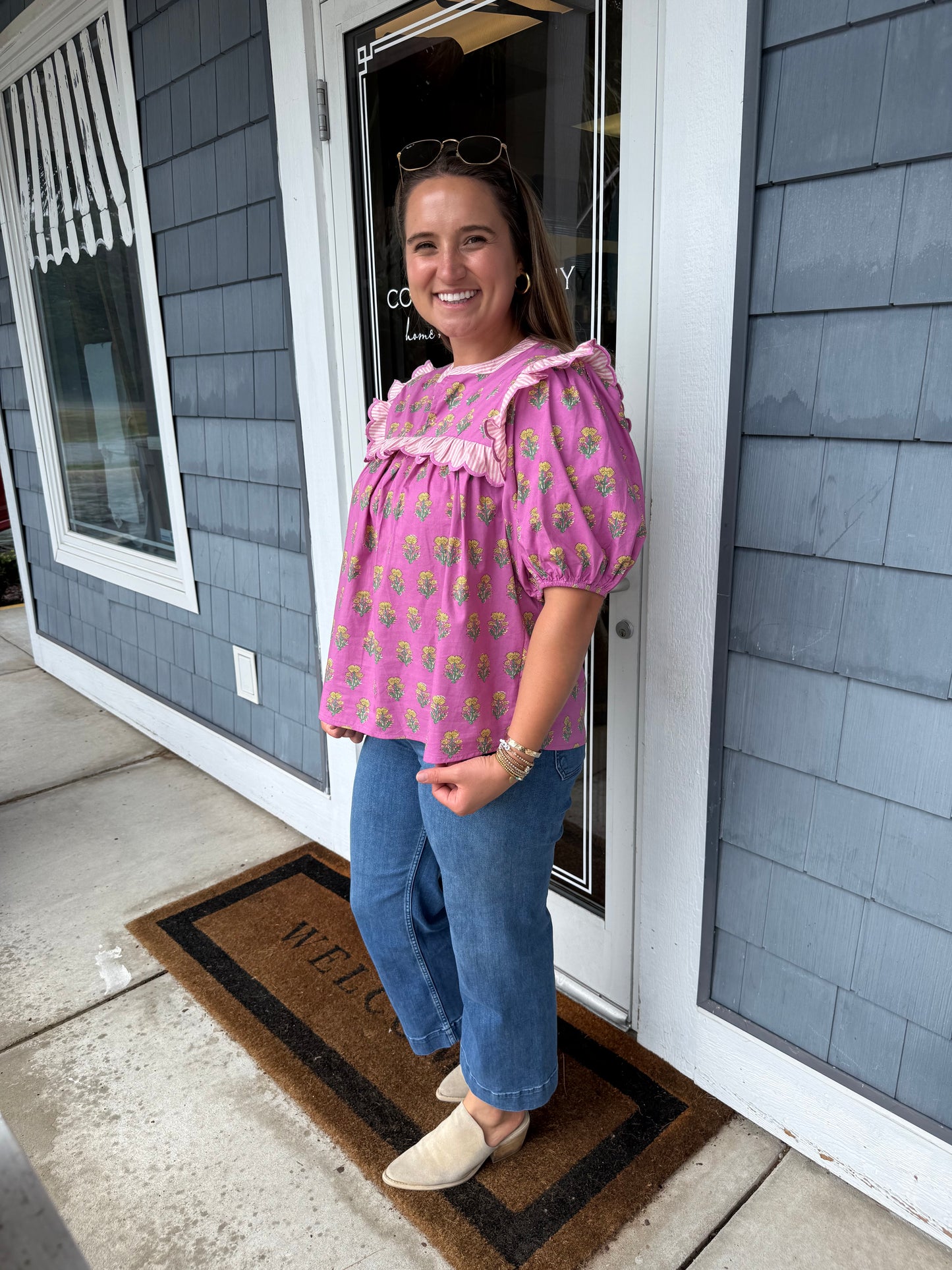 Pink Floral Ruffle Yoke Sleeve Top