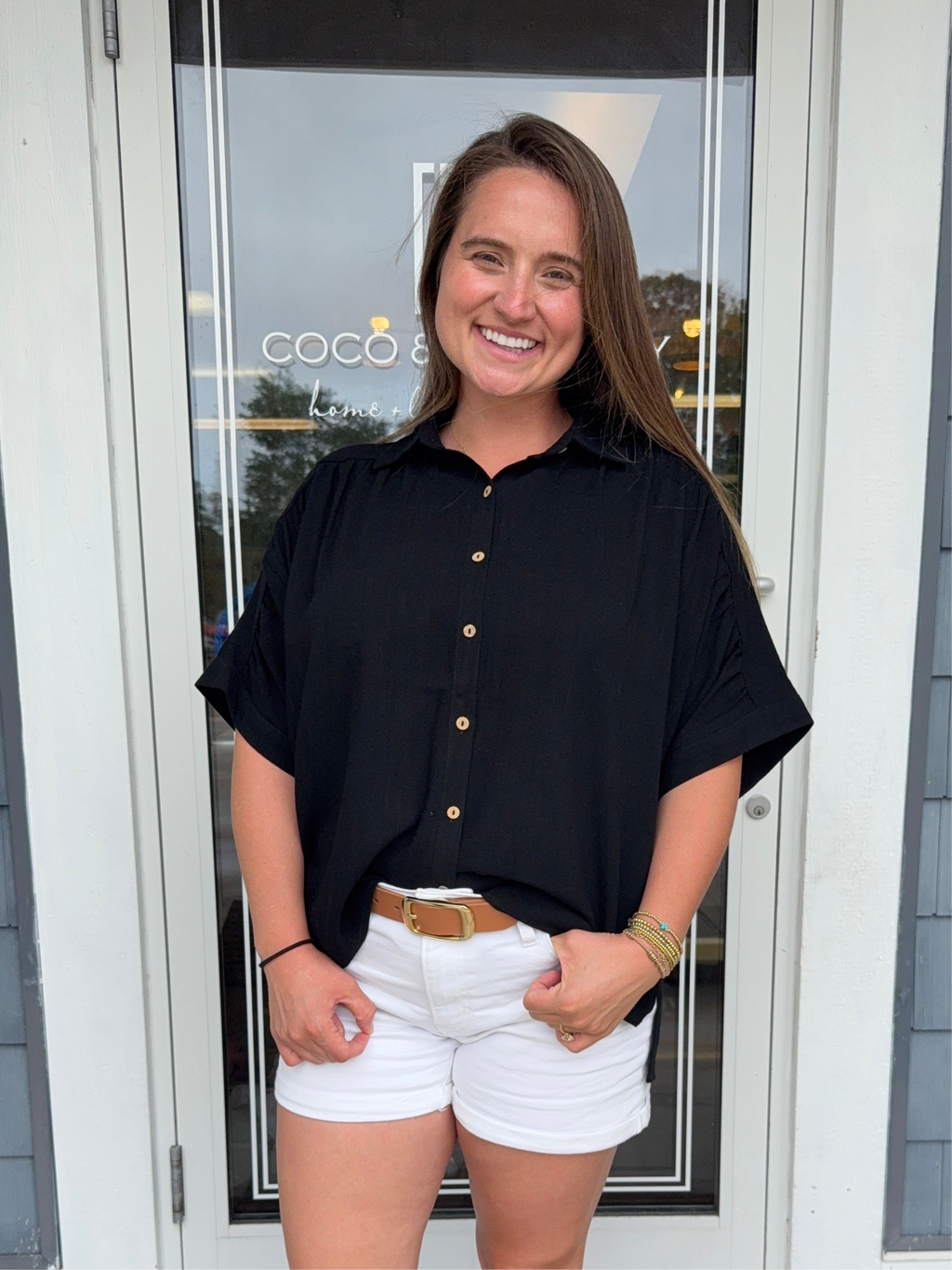 Black Linen Ruched Seam Cuffed Sleeve Button Down Top