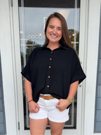 Black Linen Ruched Seam Cuffed Sleeve Button Down Top